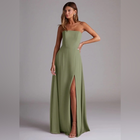 Azazie Dresses & Skirts - Azazie Olive Green Strapless Slit Evening Dress